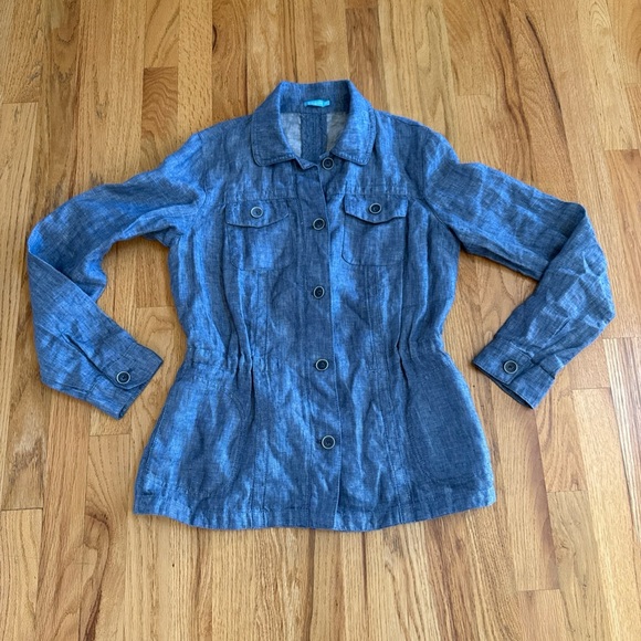J. McLaughlin Shirt Womens XS Blue Linen Chambray Button Up Coastal Pockets - Picture 1 of 11